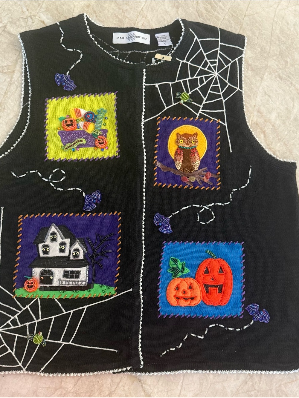 Marisa Christina Black Halloween Vest with Pumpkin & Owl Appliqués